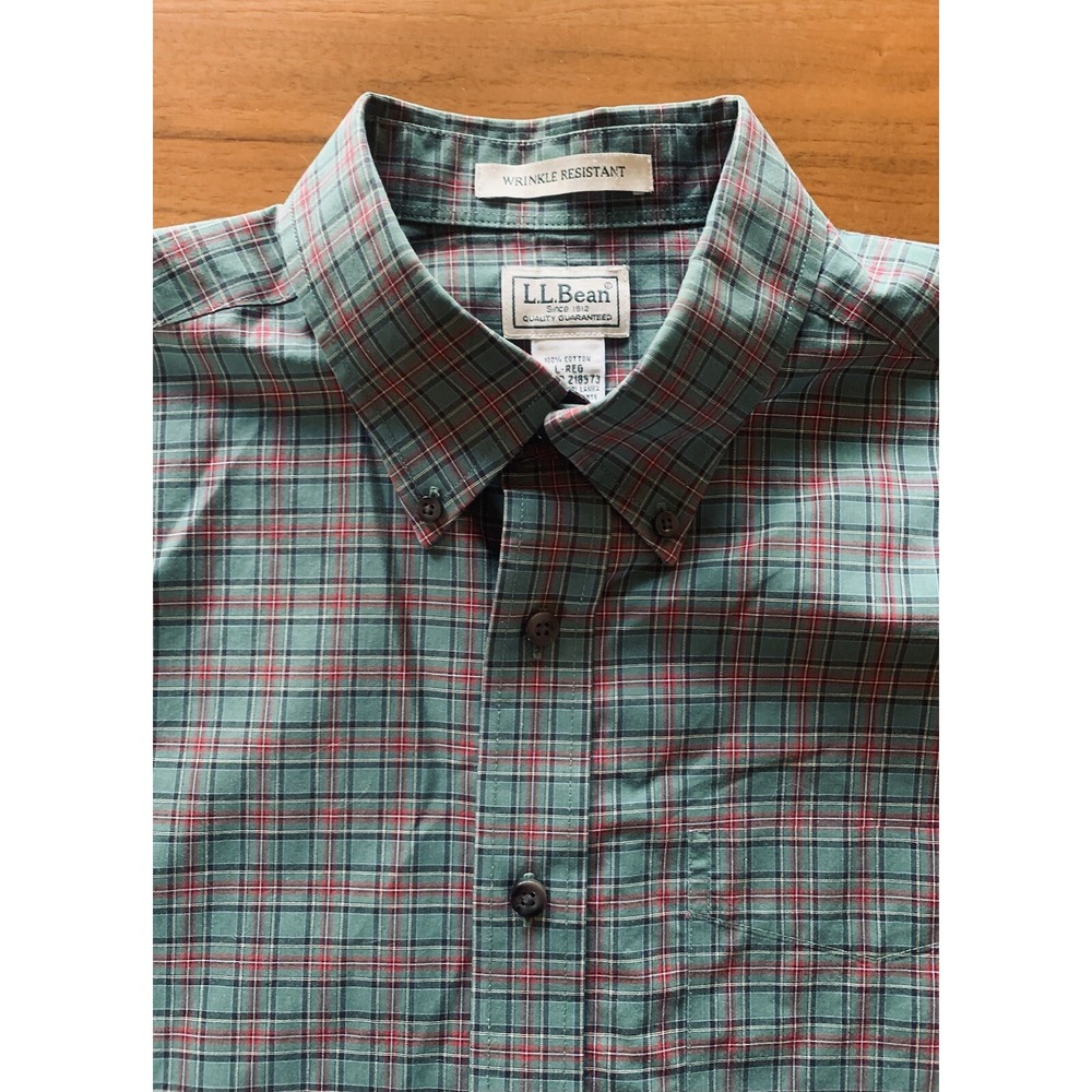 L.L. Bean Kennenbunk Button Up Shirt Men's L Green Red Plaid Wrinkle Resistant